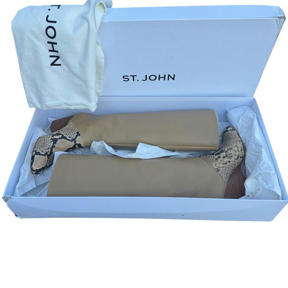 St. John F615001 US 8 / EU 38 Leather Snake Print Knee High Wedge Boots NWT - Picture 2 of 16